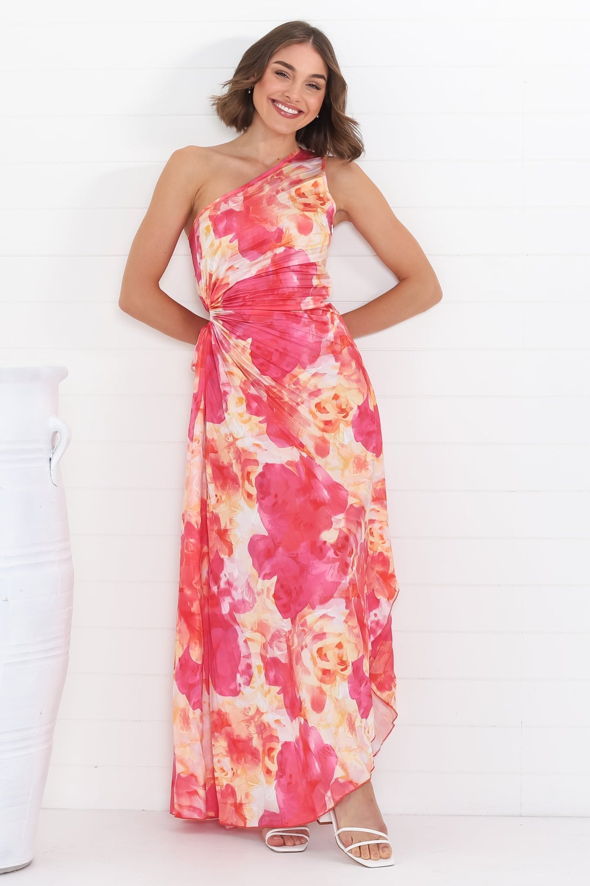 Kaia Maxi Dress - One Shoulder Dress with Side Cut Out in Cressida Print Pink