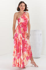 Kaia Maxi Dress - One Shoulder Dress with Side Cut Out in Cressida Print Pink