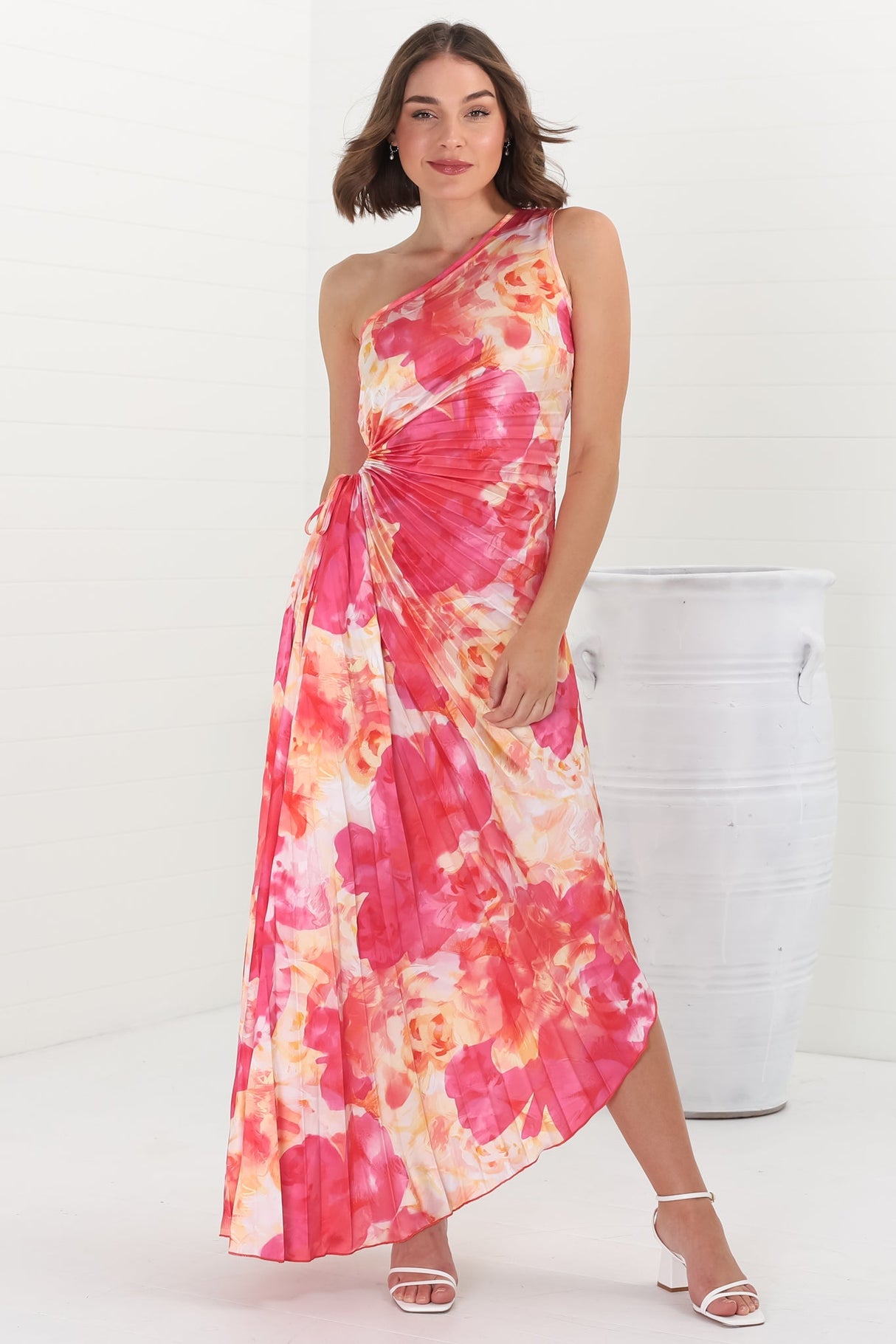 Kaia Maxi Dress - One Shoulder Dress with Side Cut Out in Cressida Print Pink