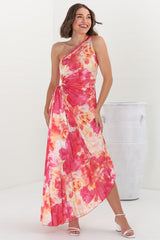 Kaia Maxi Dress - One Shoulder Dress with Side Cut Out in Cressida Print Pink