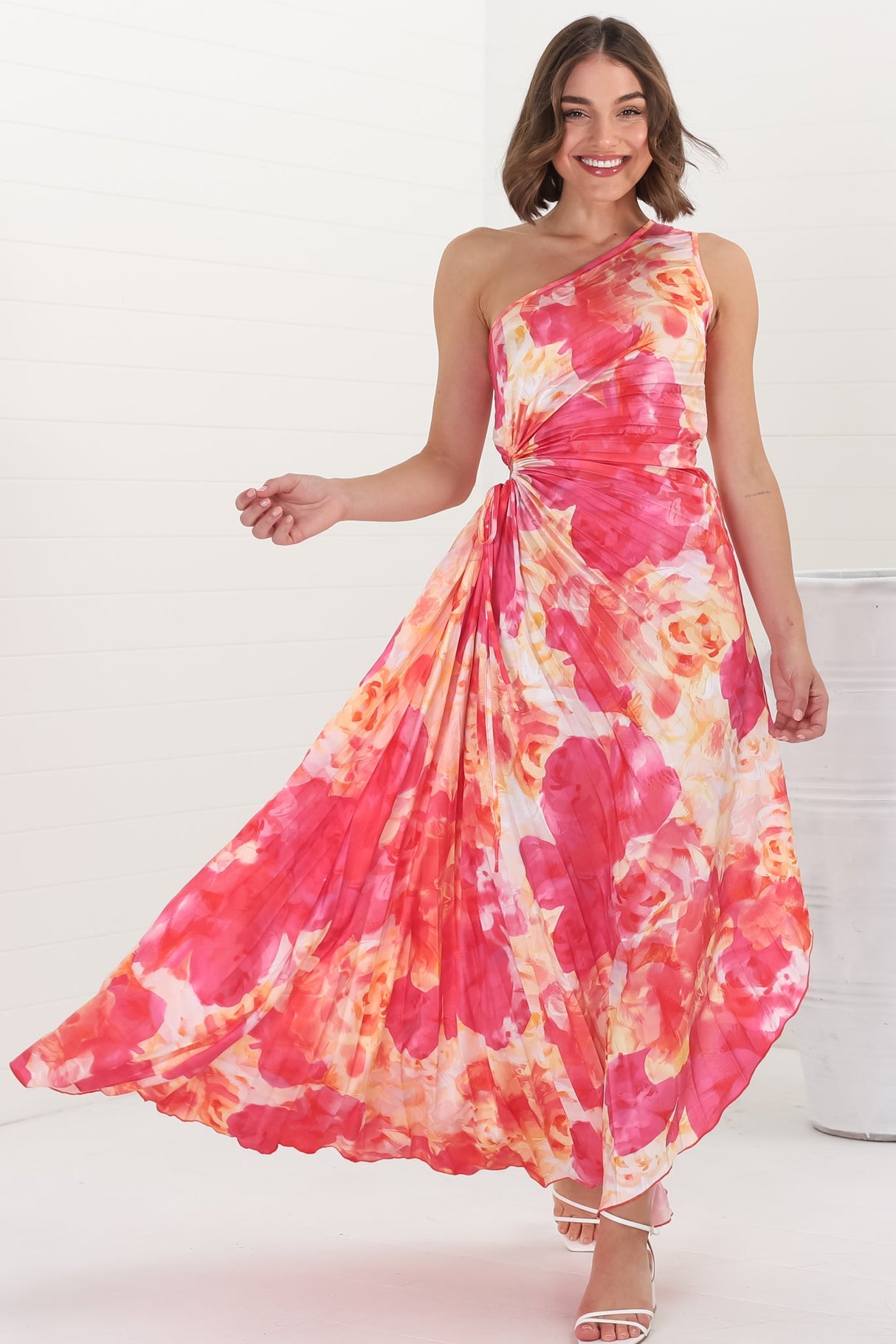 Kaia Maxi Dress - One Shoulder Dress with Side Cut Out in Cressida Print Pink