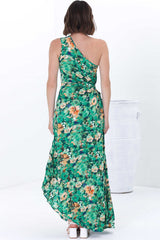 Kaia Maxi Dress - One Shoulder Dress with Side Cut Out in Keanu Print Green