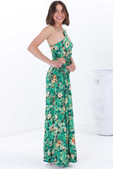 Kaia Maxi Dress - One Shoulder Dress with Side Cut Out in Keanu Print Green