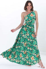 Kaia Maxi Dress - One Shoulder Dress with Side Cut Out in Keanu Print Green