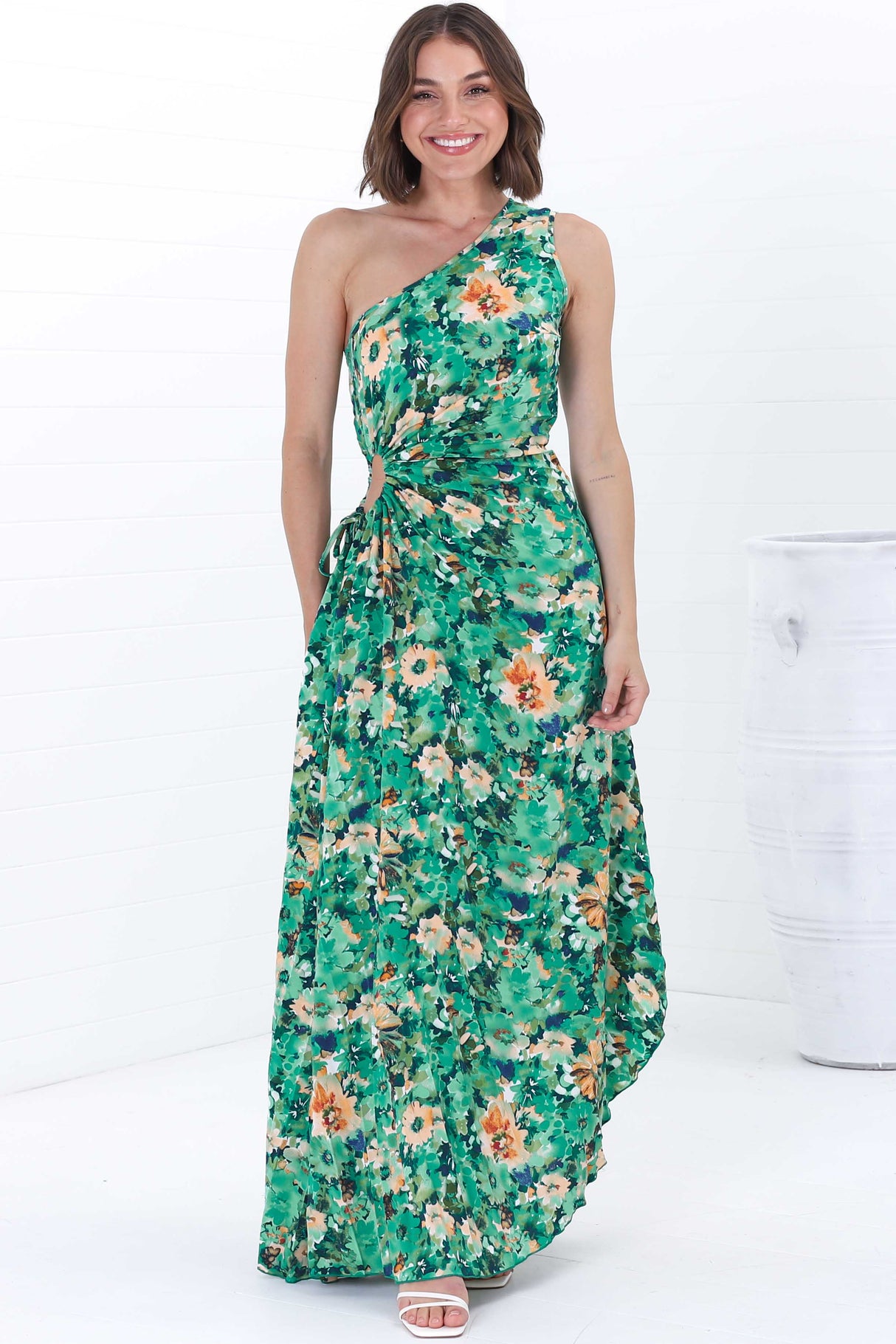 Kaia Maxi Dress - One Shoulder Dress with Side Cut Out in Keanu Print Green