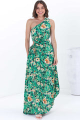 Kaia Maxi Dress - One Shoulder Dress with Side Cut Out in Keanu Print Green