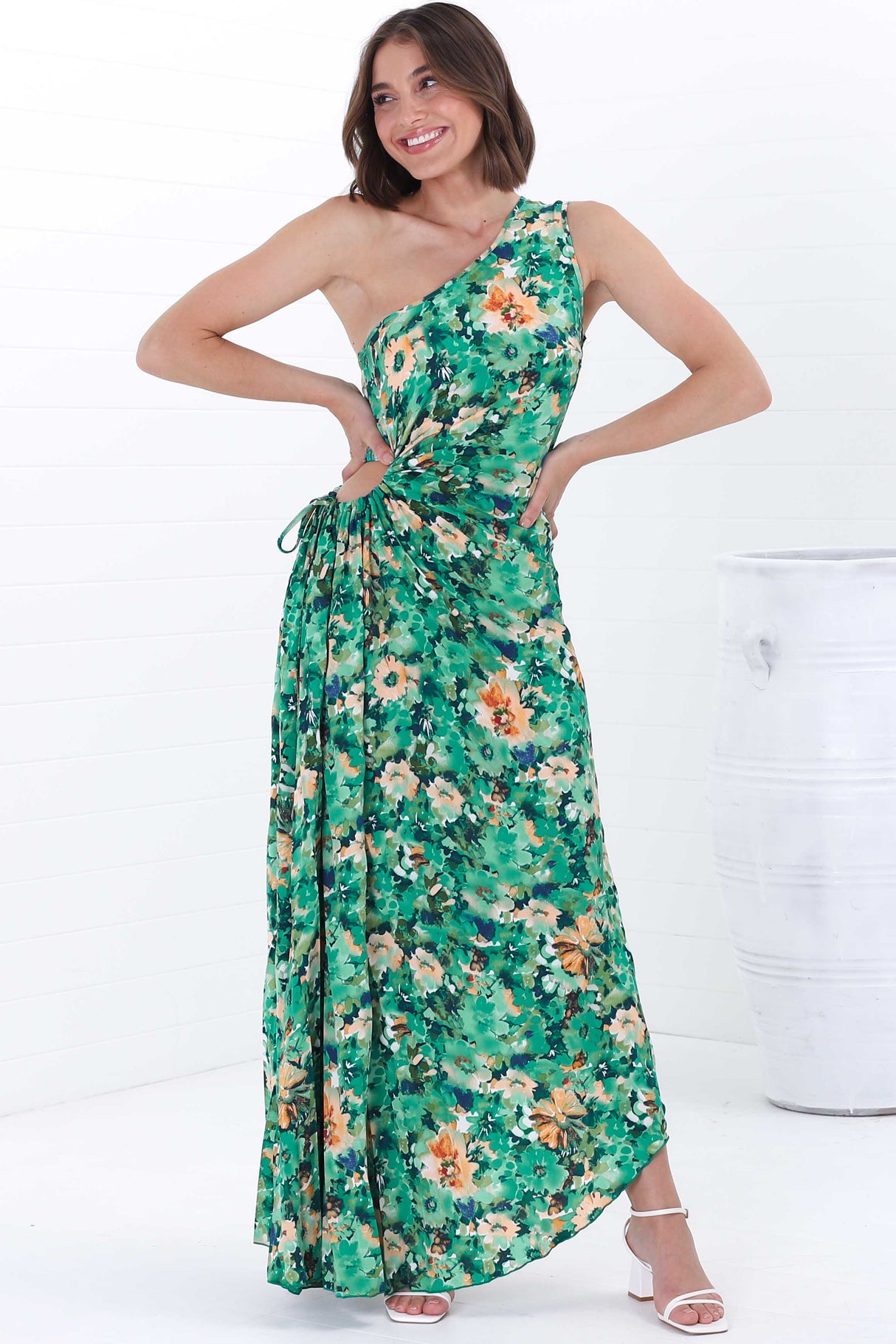 Kaia Maxi Dress - One Shoulder Dress with Side Cut Out in Keanu Print Green