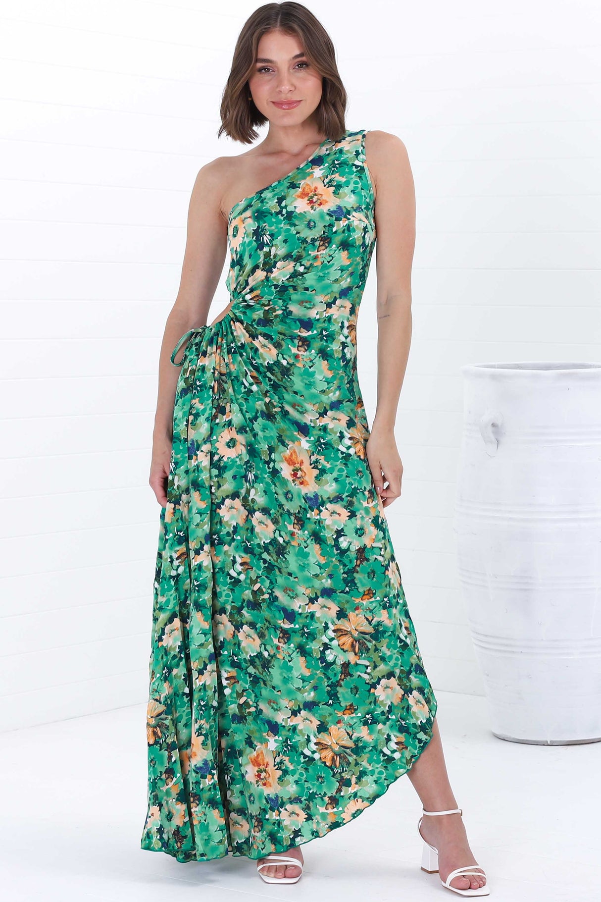 Kaia Maxi Dress - One Shoulder Dress with Side Cut Out in Keanu Print Green