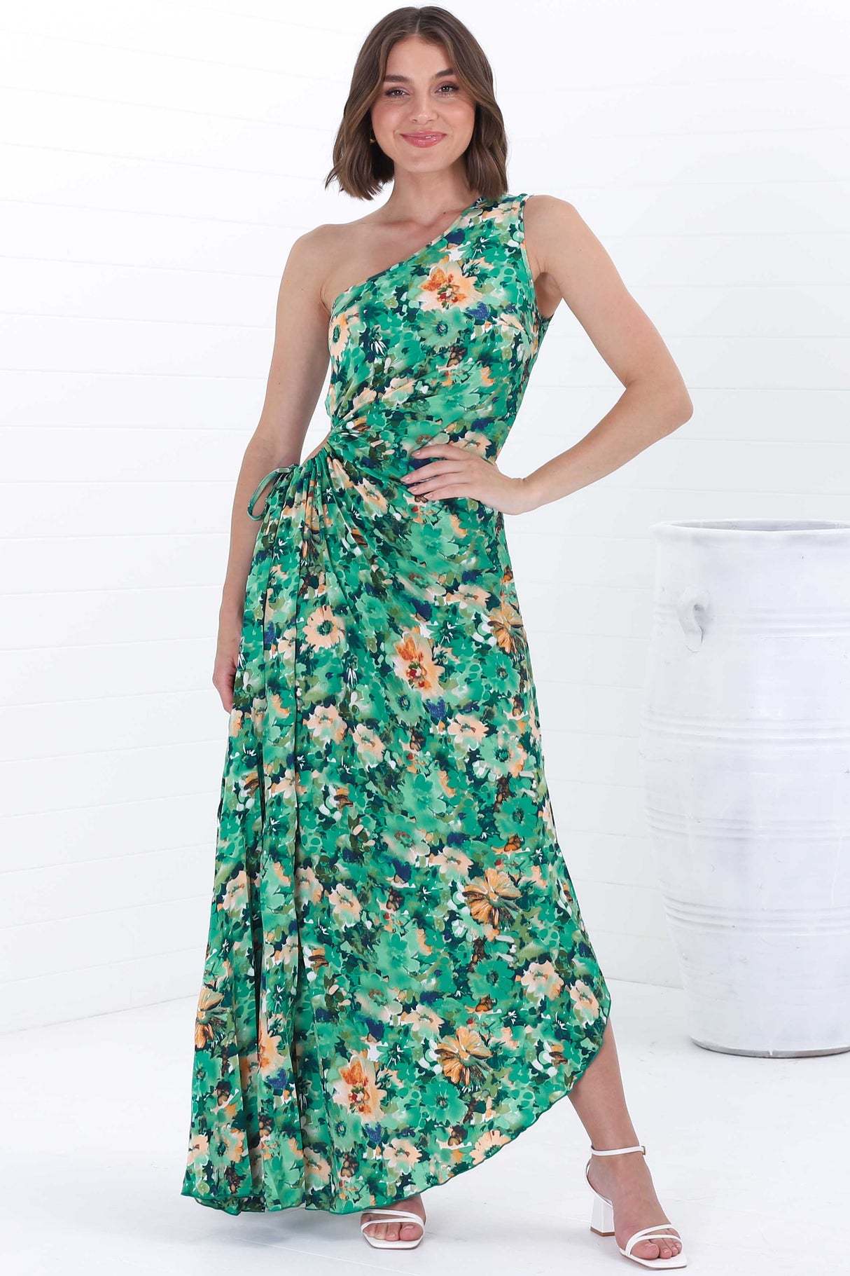 Kaia Maxi Dress - One Shoulder Dress with Side Cut Out in Keanu Print Green