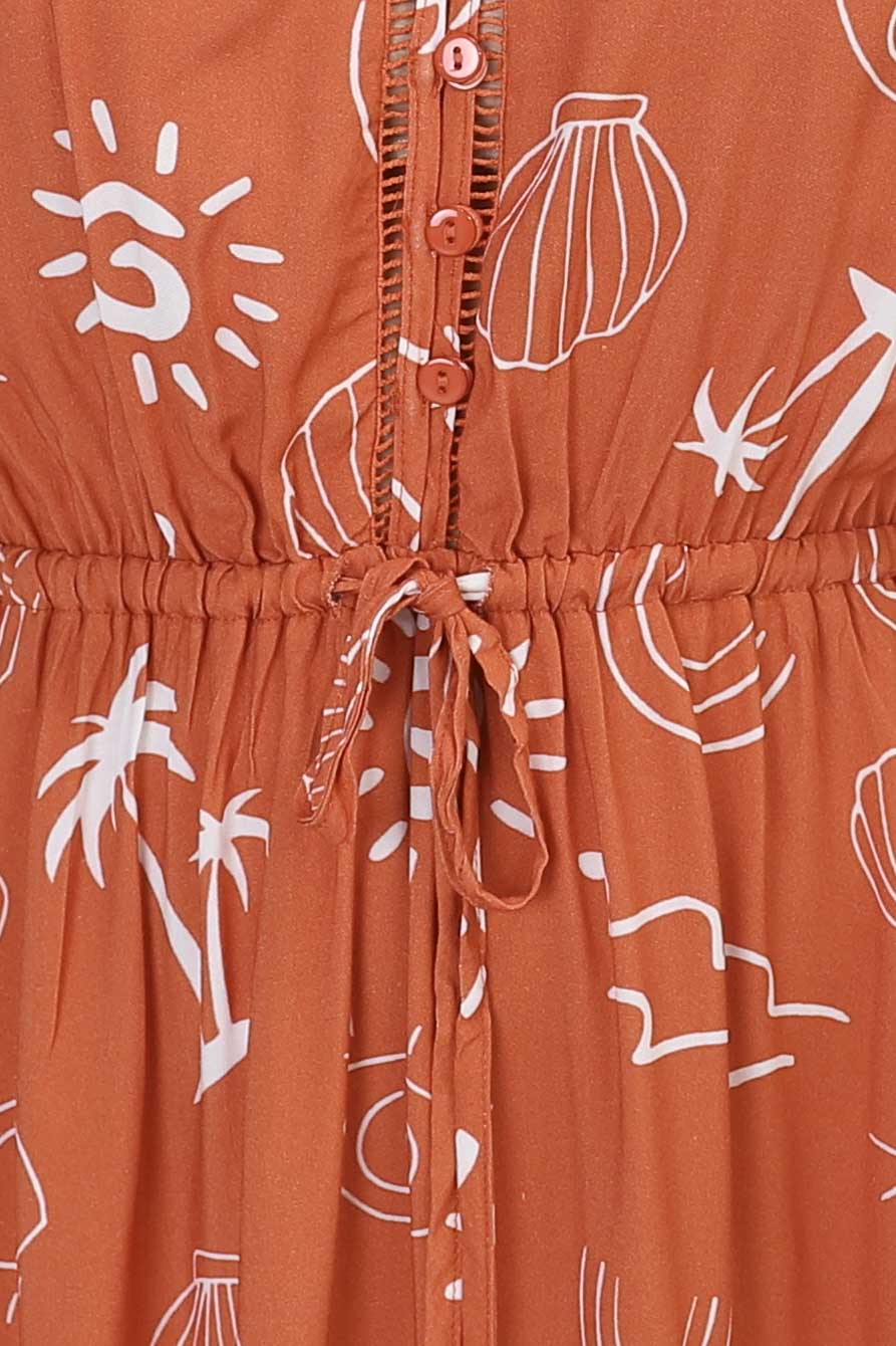 Kaida Midi Dress - Lattice Trim Detailed Buttoned Bodice A-Line Dress in Maui Print Orange