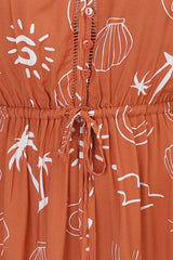 Kaida Midi Dress - Lattice Trim Detailed Buttoned Bodice A-Line Dress in Maui Print Orange