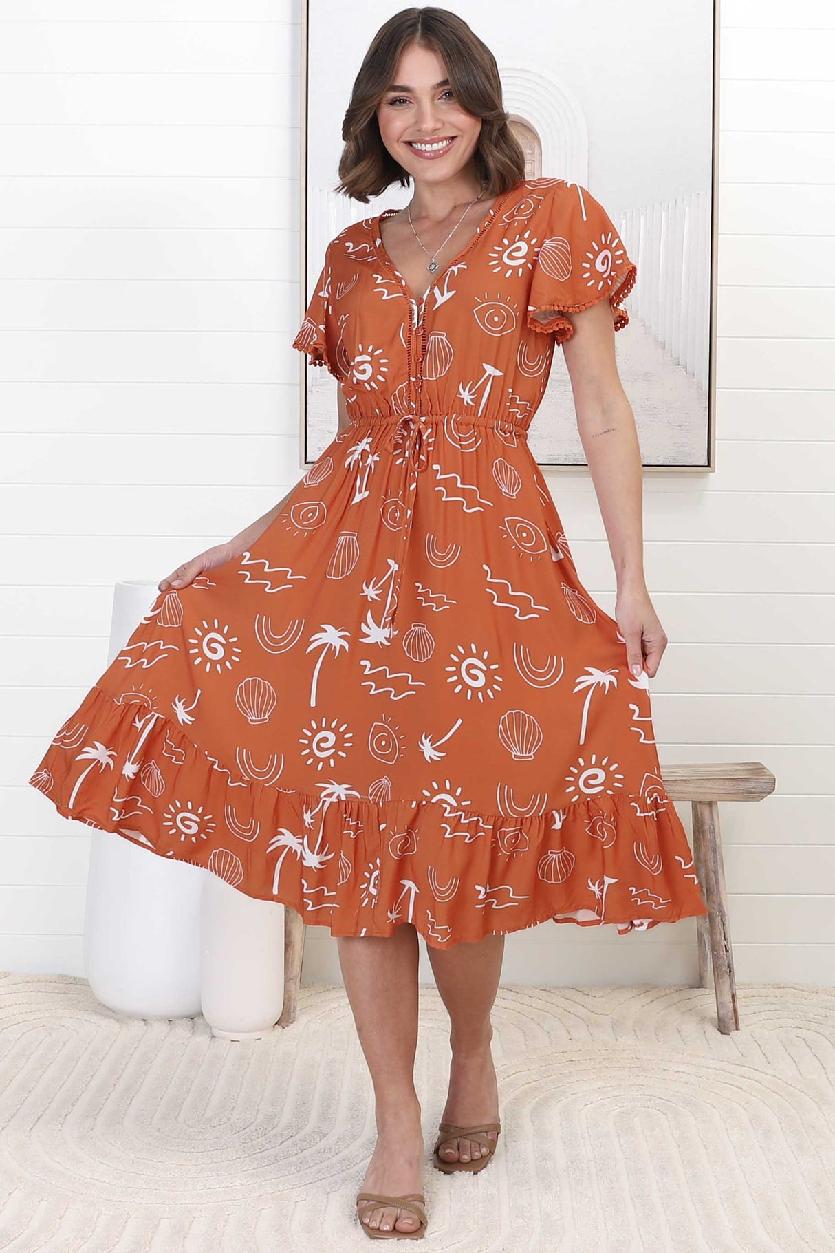 Kaida Midi Dress - Lattice Trim Detailed Buttoned Bodice A-Line Dress in Maui Print Orange