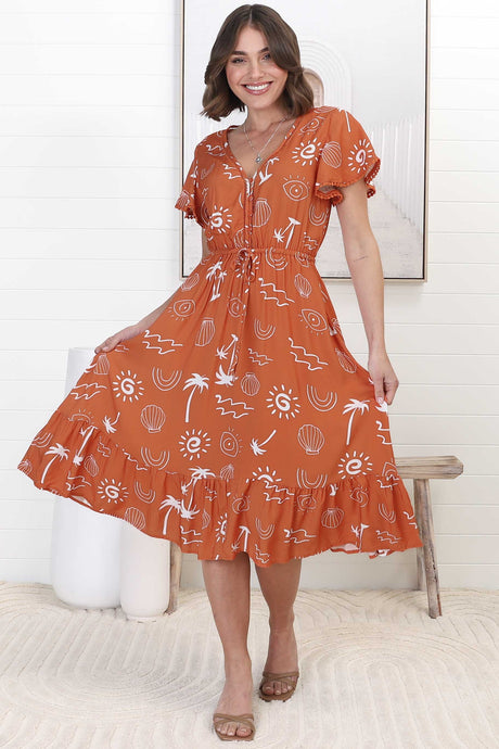 Kaida Midi Dress - Lattice Trim Detailed Buttoned Bodice A-Line Dress in Maui Print Orange