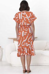 Kaida Midi Dress - Lattice Trim Detailed Buttoned Bodice A-Line Dress in Daley Print Rust