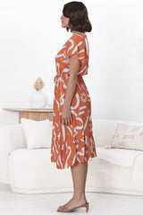 Kaida Midi Dress - Lattice Trim Detailed Buttoned Bodice A-Line Dress in Daley Print Rust