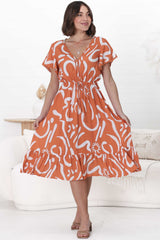 Kaida Midi Dress - Lattice Trim Detailed Buttoned Bodice A-Line Dress in Daley Print Rust