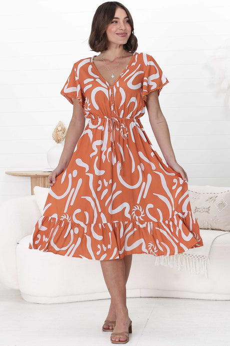 Kaida Midi Dress - Lattice Trim Detailed Buttoned Bodice A-Line Dress in Daley Print Rust