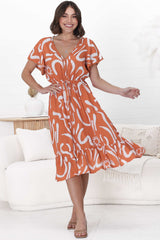 Kaida Midi Dress - Lattice Trim Detailed Buttoned Bodice A-Line Dress in Daley Print Rust