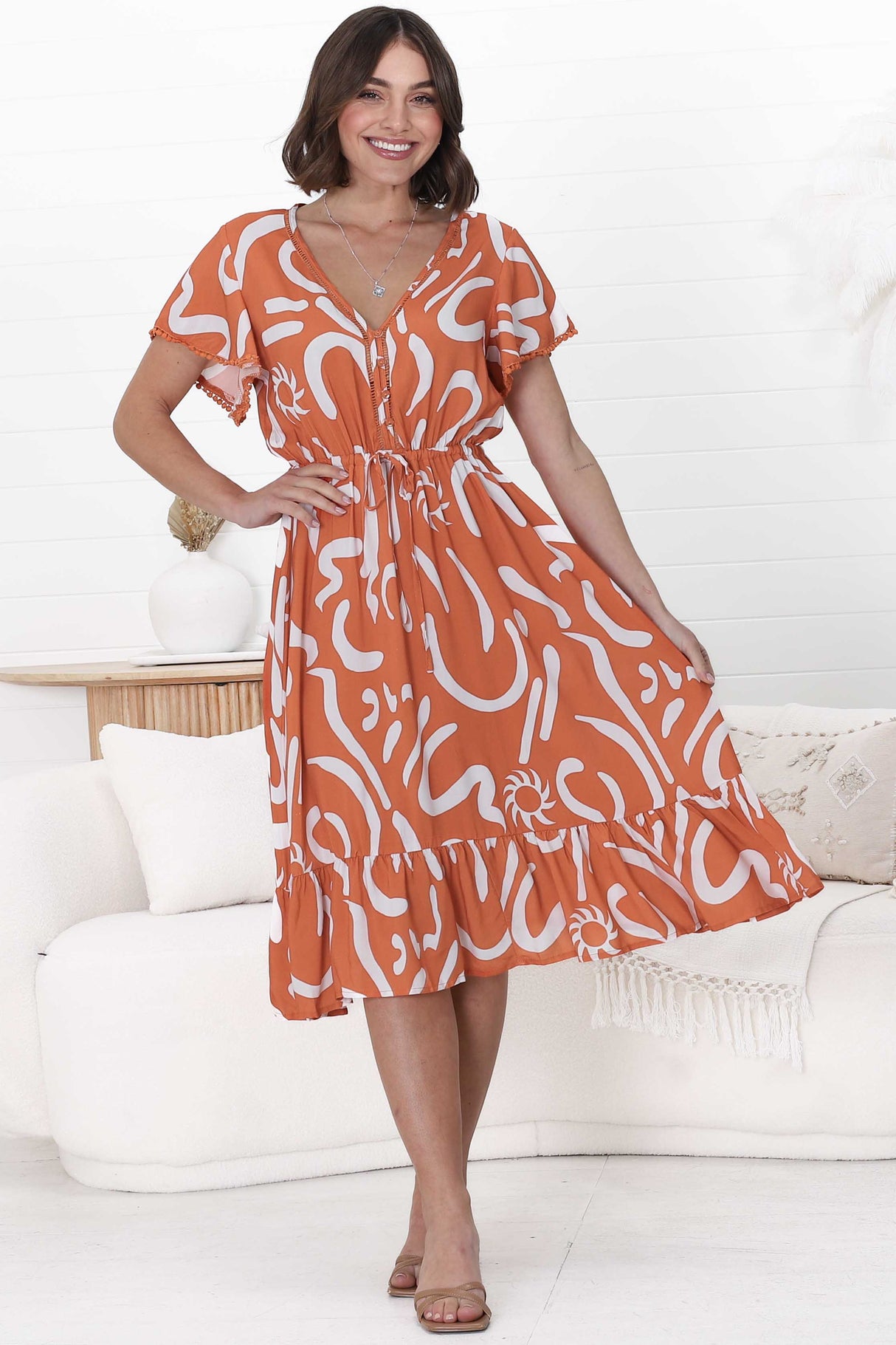 Kaida Midi Dress - Lattice Trim Detailed Buttoned Bodice A-Line Dress in Daley Print Rust