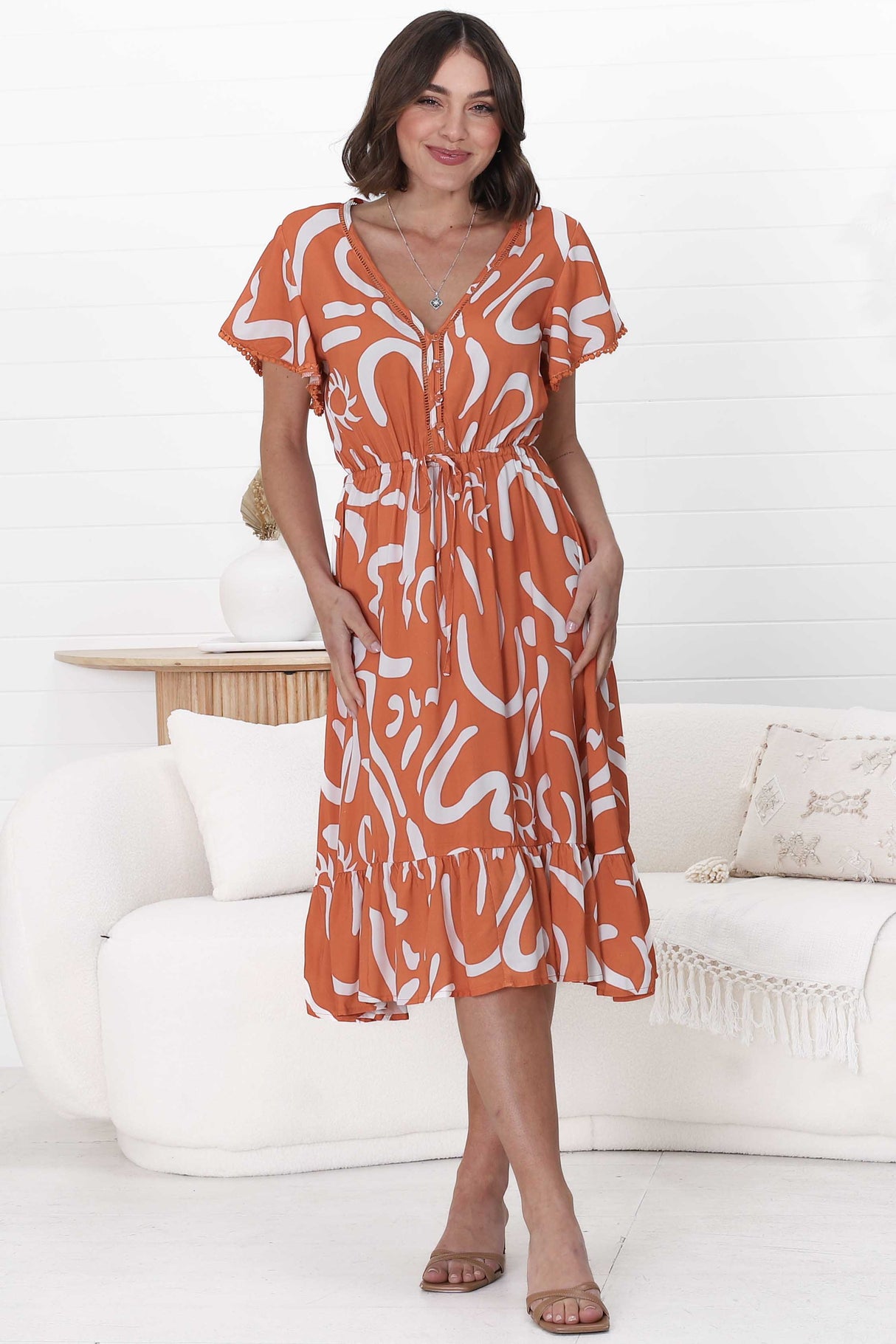 Kaida Midi Dress - Lattice Trim Detailed Buttoned Bodice A-Line Dress in Daley Print Rust