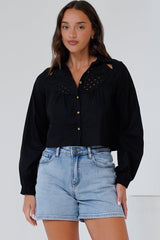 Kaiia Shirt - Cut Out Yoke Detailing Button Down Crop in Black