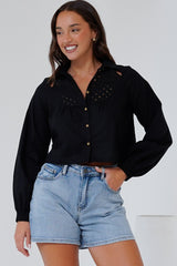 Kaiia Shirt - Cut Out Yoke Detailing Button Down Crop in Black