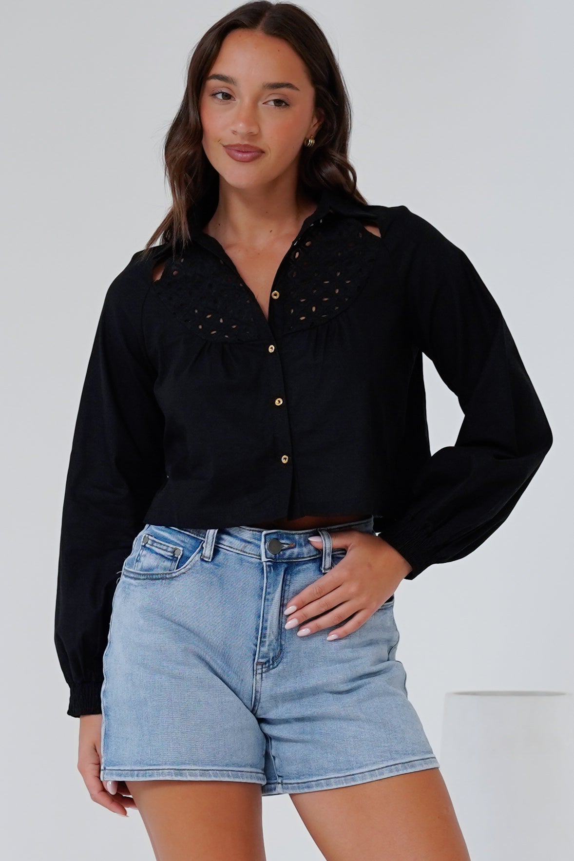 Kaiia Shirt - Cut Out Yoke Detailing Button Down Crop in Black