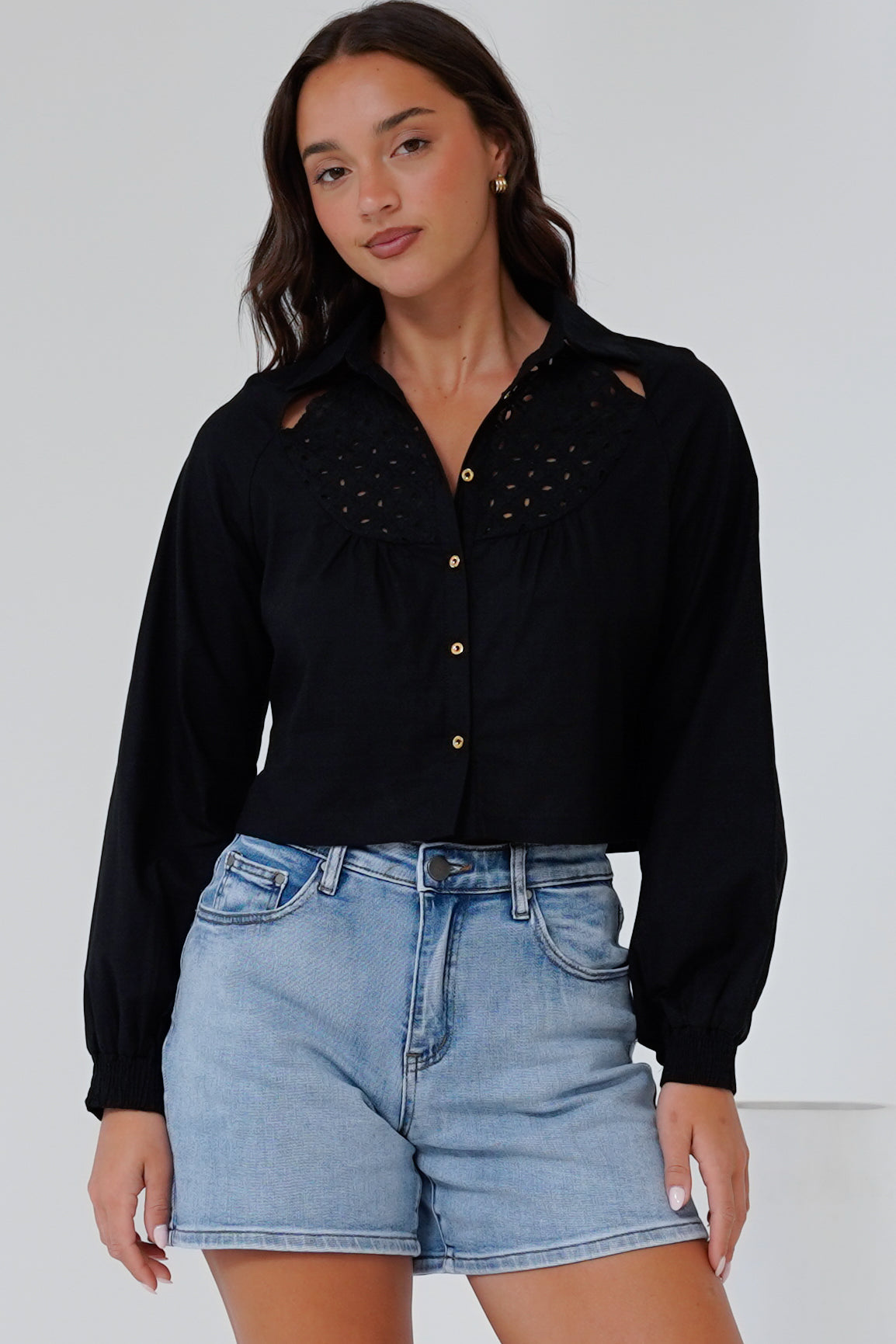 Kaiia Shirt - Cut Out Yoke Detailing Button Down Crop in Black