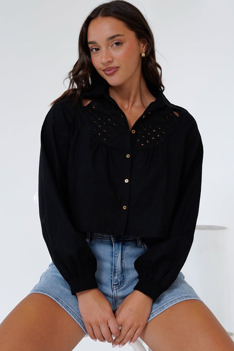 Kaiia Shirt - Cut Out Yoke Detailing Button Down Crop in Black