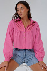 Kaiia Shirt - Cut Out Yoke Detailing Button Down Crop in Pink