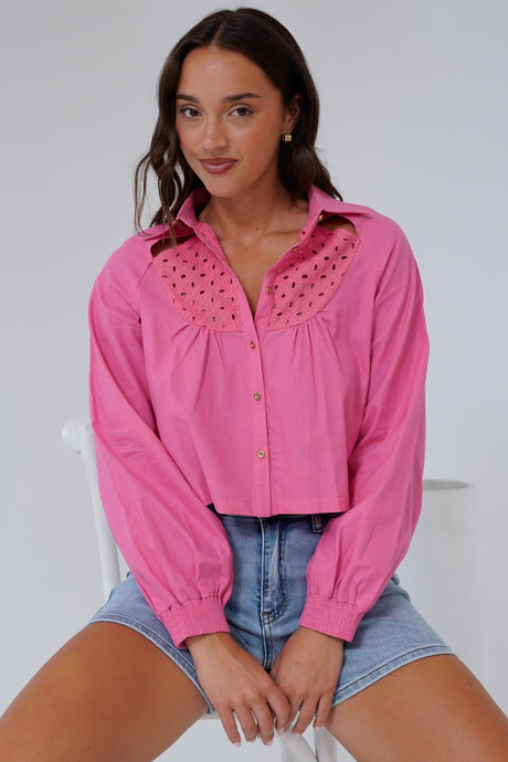 Kaiia Shirt - Cut Out Yoke Detailing Button Down Crop in Pink