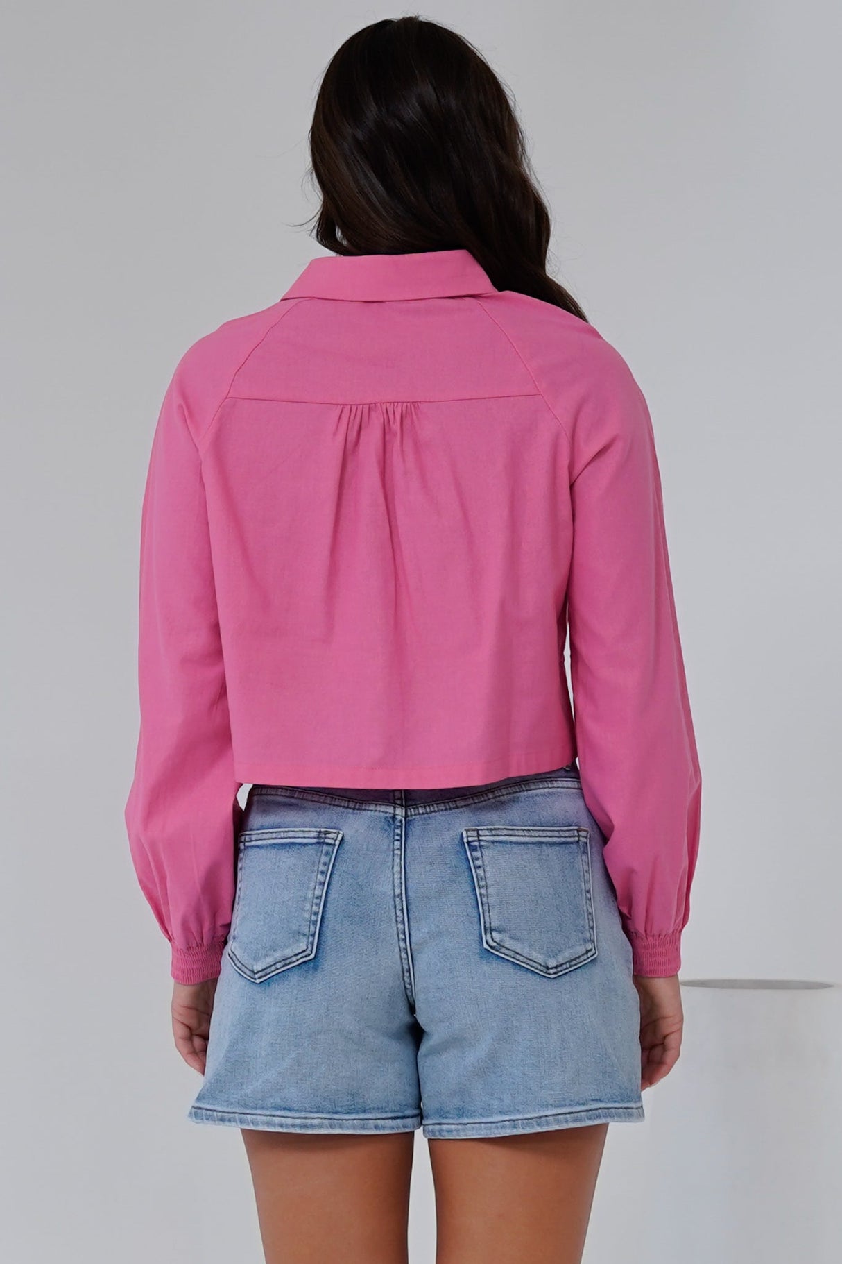 Kaiia Shirt - Cut Out Yoke Detailing Button Down Crop in Pink