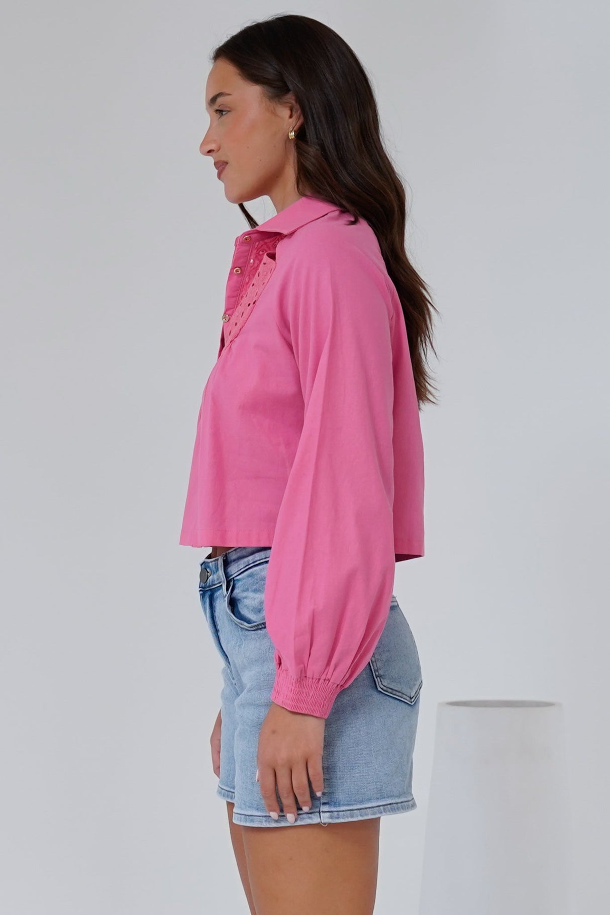 Kaiia Shirt - Cut Out Yoke Detailing Button Down Crop in Pink