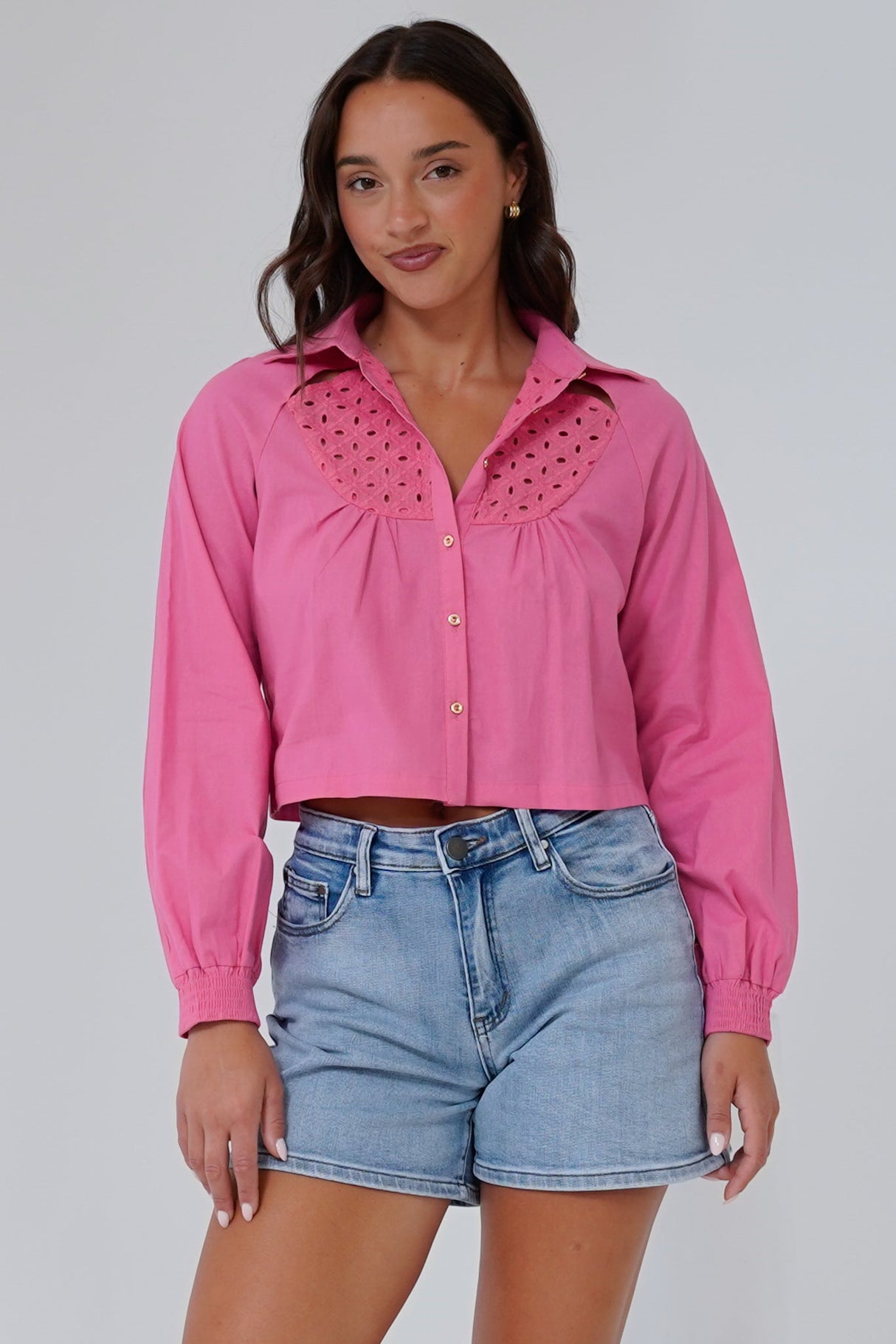 Kaiia Shirt - Cut Out Yoke Detailing Button Down Crop in Pink