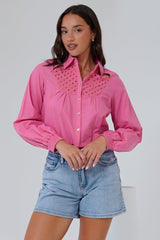 Kaiia Shirt - Cut Out Yoke Detailing Button Down Crop in Pink