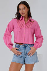 Kaiia Shirt - Cut Out Yoke Detailing Button Down Crop in Pink