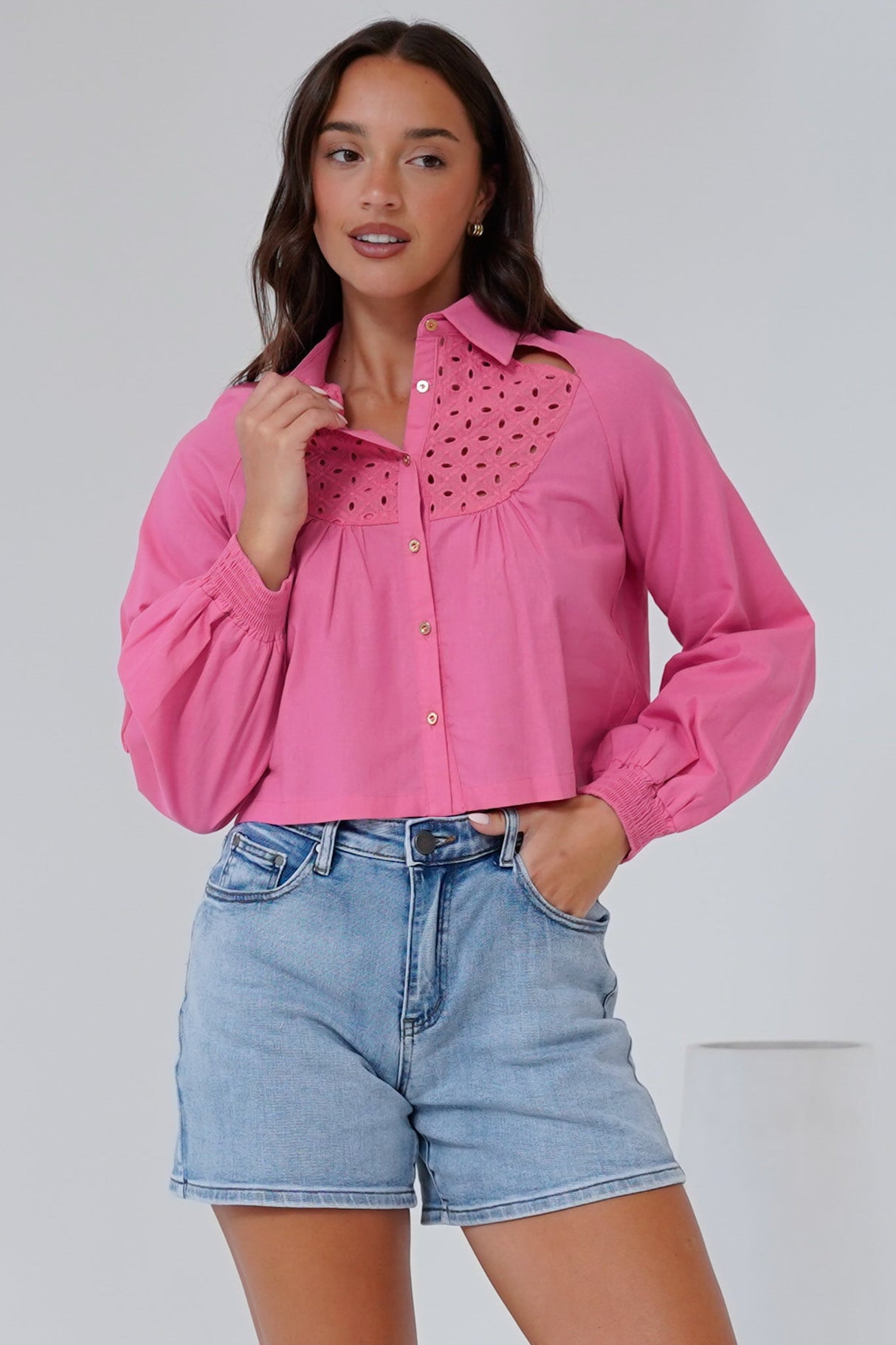 Kaiia Shirt - Cut Out Yoke Detailing Button Down Crop in Pink