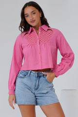 Kaiia Shirt - Cut Out Yoke Detailing Button Down Crop in Pink