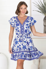 Kailin Mini Dress - Cap Sleeve A Line Dress in Blue Floral Print