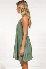 Kaisa Mini Dress - Tiered Sun Dress with Adjustable Straps in Dark Green