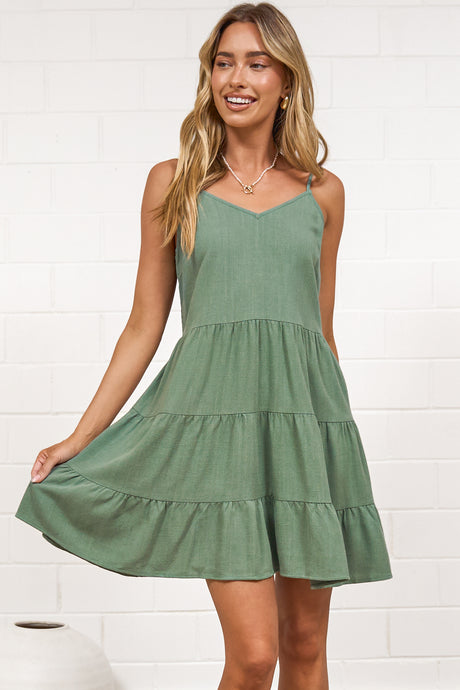 Kaisa Mini Dress - Tiered Sun Dress with Adjustable Straps in Dark Green
