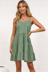 Kaisa Mini Dress - Tiered Sun Dress with Adjustable Straps in Dark Green
