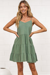Kaisa Mini Dress - Tiered Sun Dress with Adjustable Straps in Dark Green
