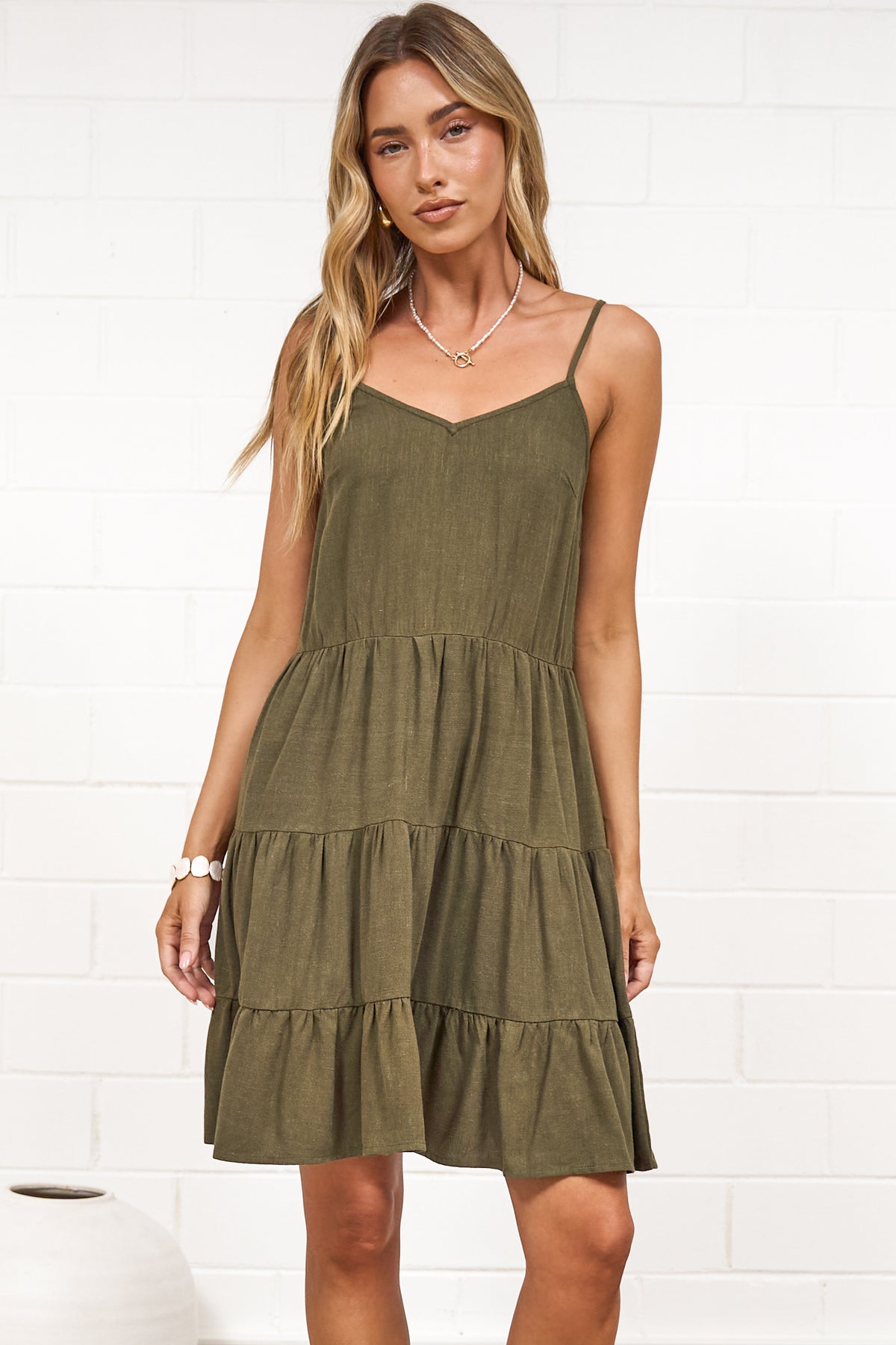 Kaisa Mini Dress - Tiered Sun Dress with Adjustable Straps in Khaki