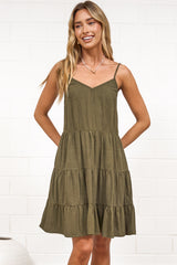 Kaisa Mini Dress - Tiered Sun Dress with Adjustable Straps in Khaki