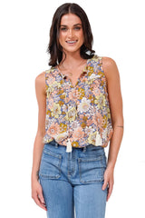 Kalari Top - Sleeveless Mandarin Collar with Tassel & Bells Neck Tie in Avianna Print