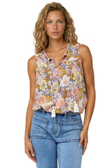 Kalari Top - Sleeveless Mandarin Collar with Tassel & Bells Neck Tie in Avianna Print