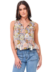 Kalari Top - Sleeveless Mandarin Collar with Tassel & Bells Neck Tie in Avianna Print
