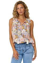 Kalari Top - Sleeveless Mandarin Collar with Tassel & Bells Neck Tie in Avianna Print