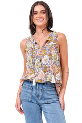 Kalari Top - Sleeveless Mandarin Collar with Tassel & Bells Neck Tie in Avianna Print